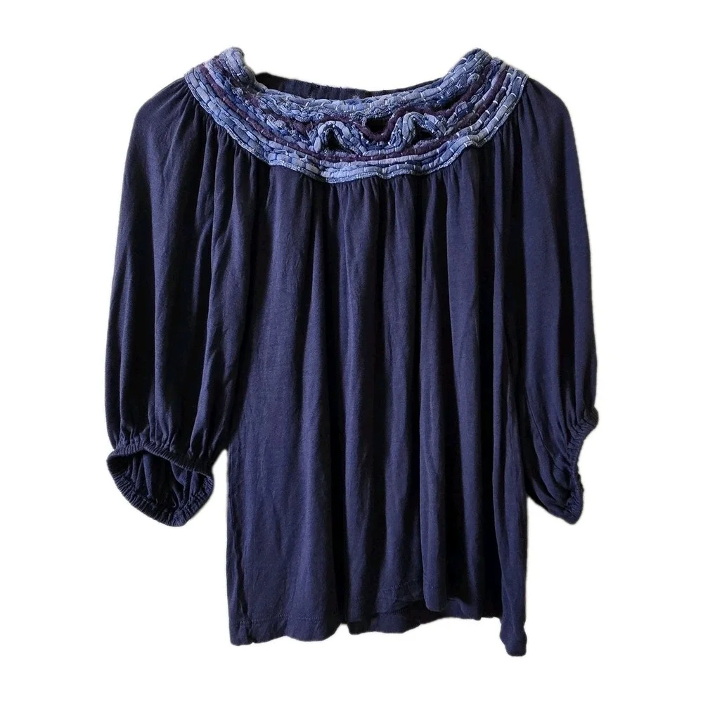 Anthropologie Moth Blouse Womens L Navy Blue Embroidered Neck 3/4 Balloon Sleeve